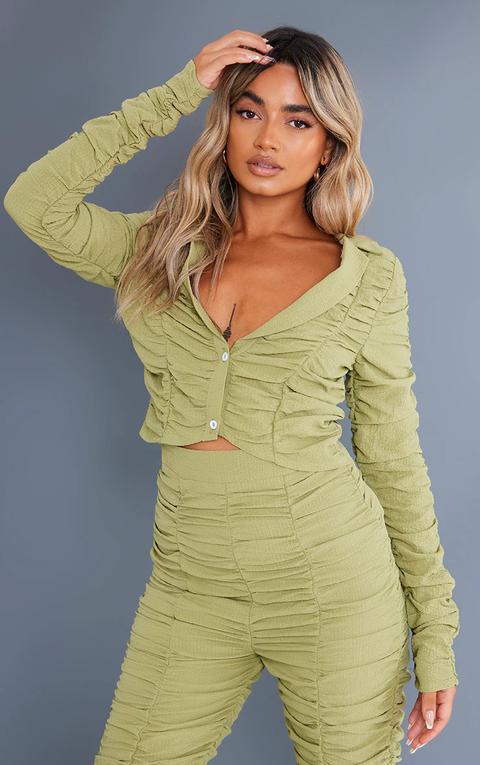 Petite Green Ruched Long Sleeve Top