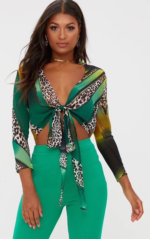 Green Mixed Animal Print Tie Front Blouse