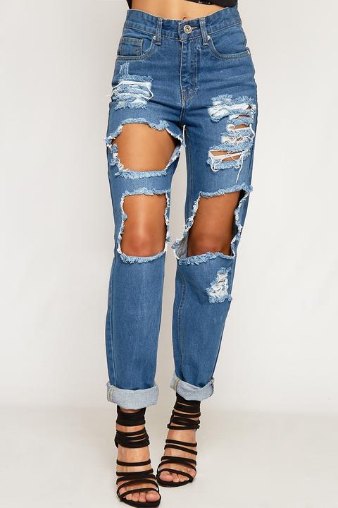 Wanda Extreme Ripped Distressed Denim Mom Jeans - Blue