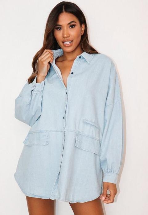 Tall Light Blue Pocket Detail Oversized Denim Shirt, Blue