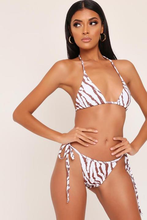 White & Brown Zebra Print Triangle Bikini Top