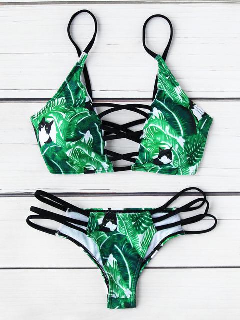 Sets De Bikini Con Tiras Cruzadas Con Estampado De Hojas