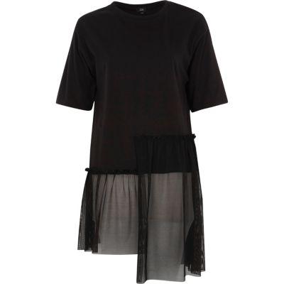 Black Longline Mesh Stepped Hem T-shirt