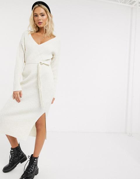 Asos Design Knitted Wrap Midi Dress With Belt Detail-cream