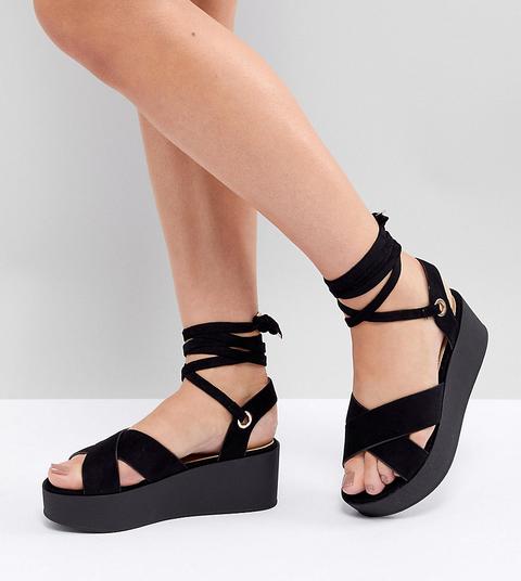 Raid Wide Fit Alma Black Flatform Ankle Tie Sandals - Black Suede