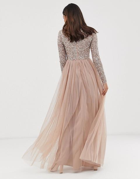 maya bridesmaid halter neck maxi tulle dress with tonal delicate sequins in taupe blush