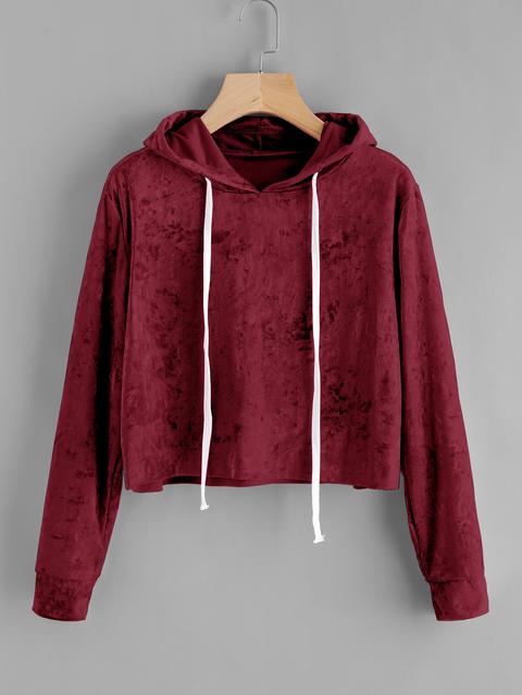 Velvet Drawstring Crop Hoodie