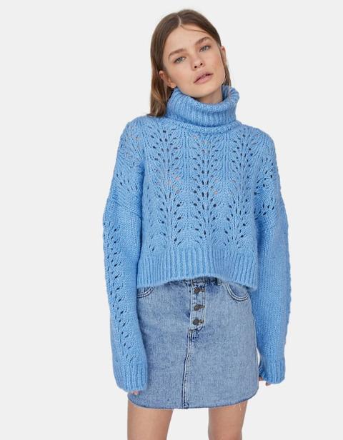 Maglia Cropped Traforata A Collo Alto Azzurro Jeans