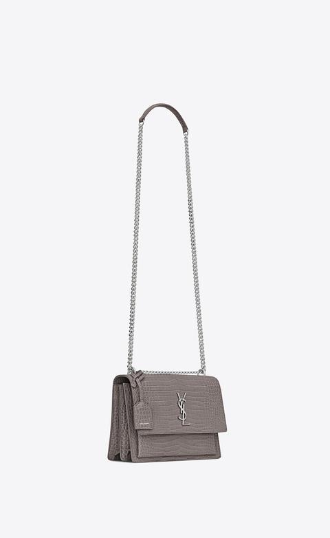 Medium Sunset Bag Grigio Nebbia In Coccodrillo Stampato Lucido