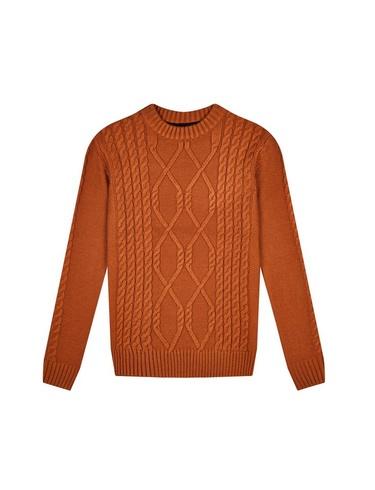 Mens Fōr Chestnut Tromso Cable Crew Neck Jumper, Brown