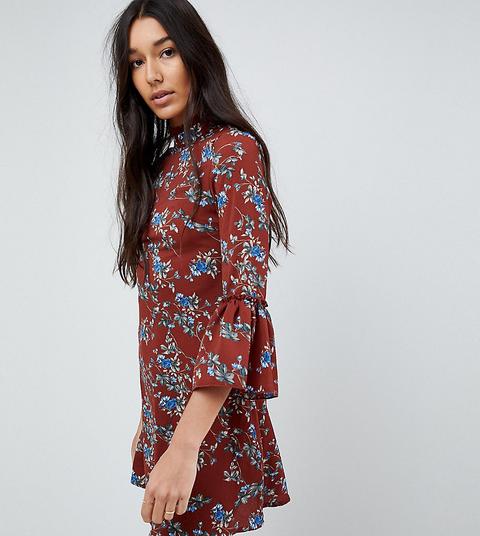 Parisan Tall High Neck Floral Dress With Flare Sleeve - Rust