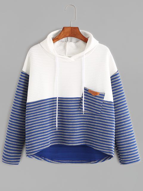 Contrast Striped High Low Drawstring Hooded Pocket Sweatshirt