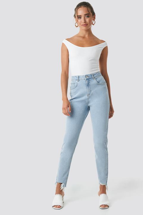 High Waist Ripped Ankle Mom Jeans Blau