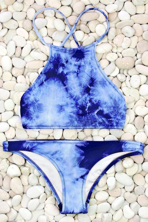 De Alto Cuello Azul Set Bikini