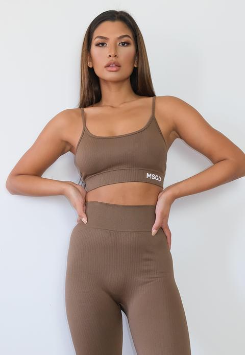 Soutien-gorge De Sport Brun Côtelé Sans Coutures À Inscription Msgd