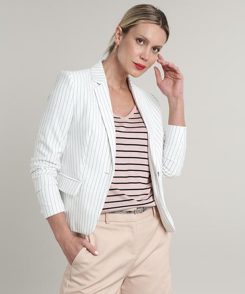 Blazer Feminino Básico Listrado Com Bolsos E Botão Off White