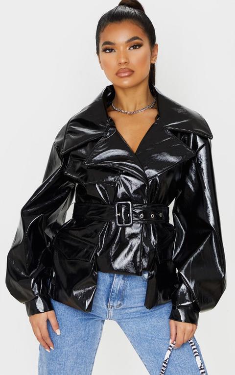 Black Vinyl Belted Balloon Sleeve Biker Jacket