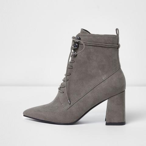 Grey Pointed Toe Lace-up Boots