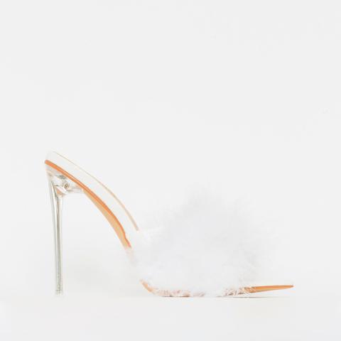 Faye White Fluffy Clear Mule Heels