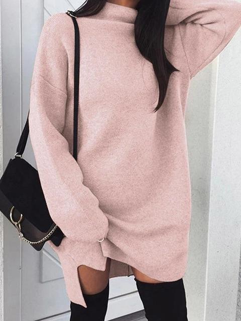 Maglione Collo Alto A Fessura Laterale Manica Lunga Casuale Rosa