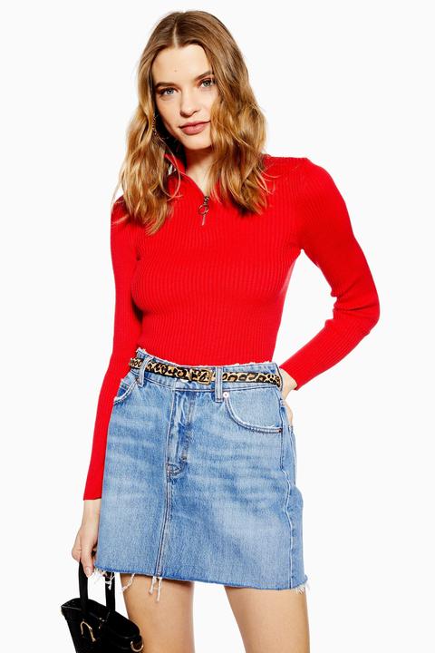 Womens Zip Funnel Neck Knitted Jumper - Red, Red