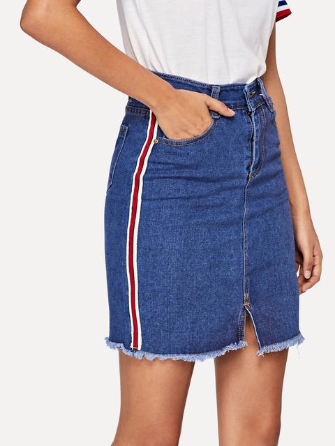 Denim Striped Tape Side Raw Hem Skirt