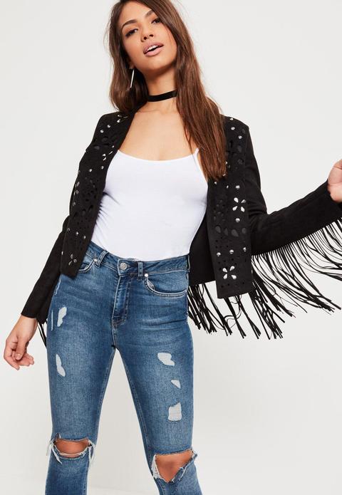 Black Studded Fringe Detail Faux Suede Jacket