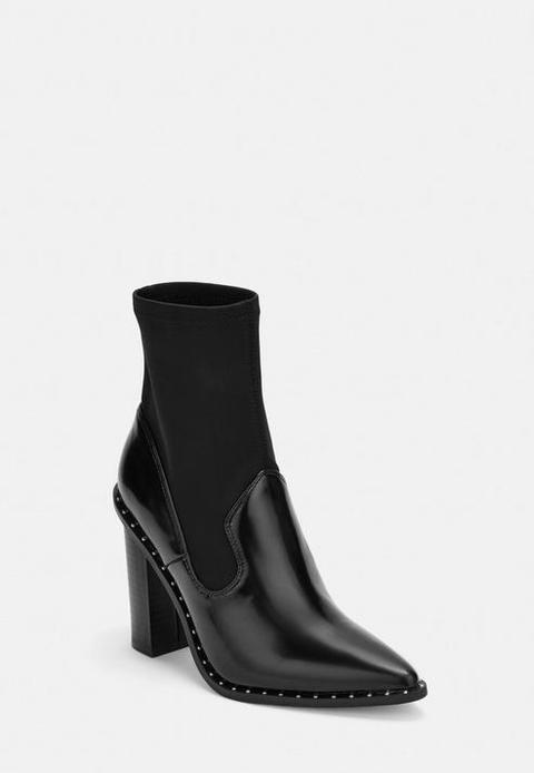 Black Studded Detail Pointed Sock Ankle Boots, Black