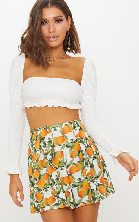 White Square Neck Shirred Sleeve Crop Shirt