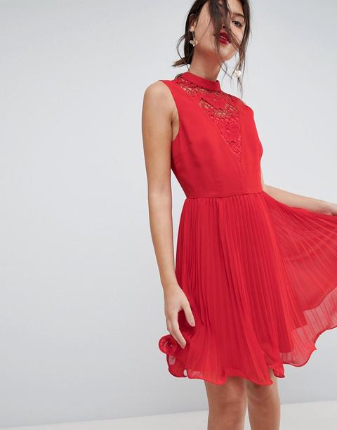 Asos - Vestitino A Pieghe Senza Maniche Con Inserto In Pizzo - Rosso