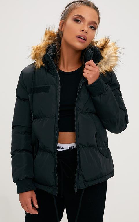 Black Puffer Jacket With Faux Fur Hood