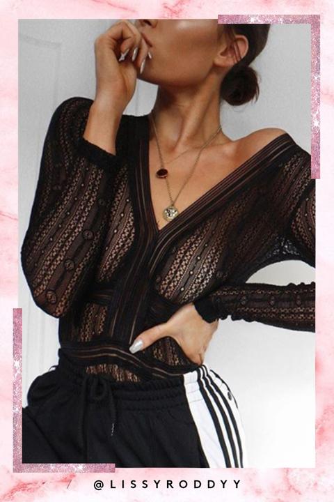 Raegan Black Long Sleeve Open Back Lace Bodysuit