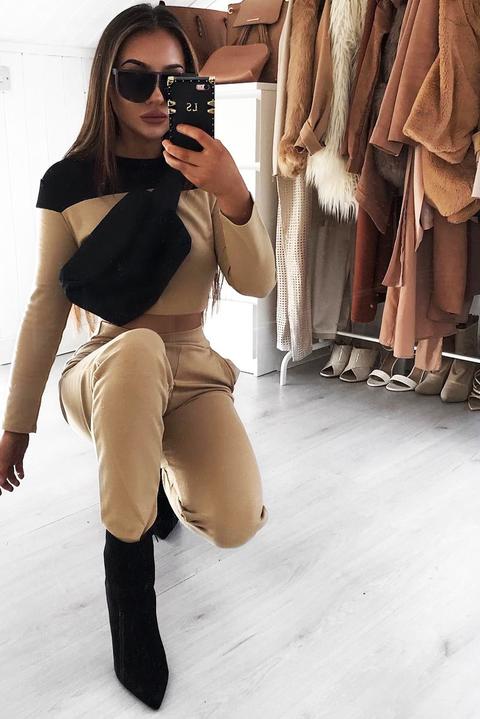 Black And Camel Contrast Panel Tracksuit - Soraya