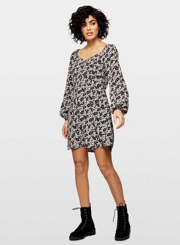 Womens Black Floral Sweetheart Tea Dress, Black