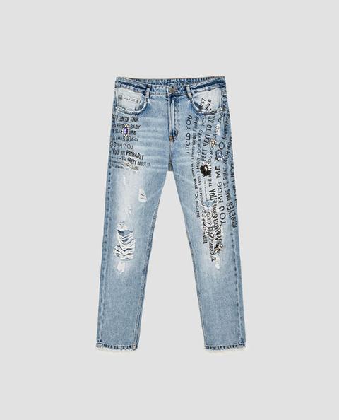 Jeans Con Applicazioni E Stampa Vita Media