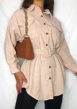 Long Line Front Pockets Belted Corduroy Long Sleeve Shacket Beige