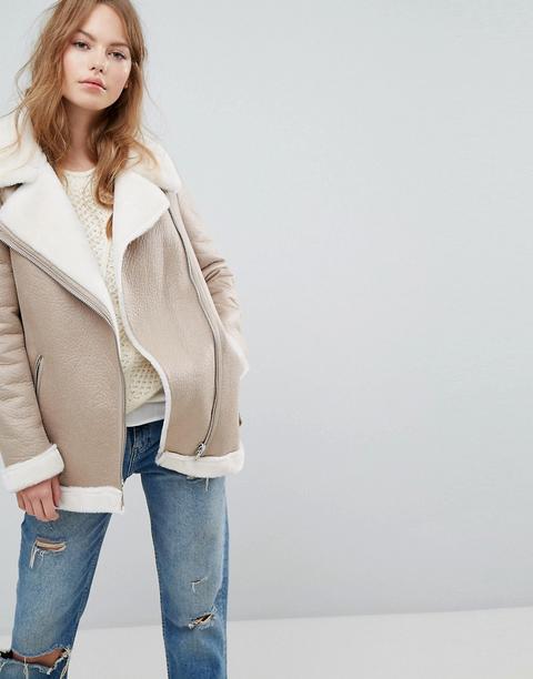 New Look - Pilotenjacke Mit Lammfell- Und Wildlederimitat - Beige