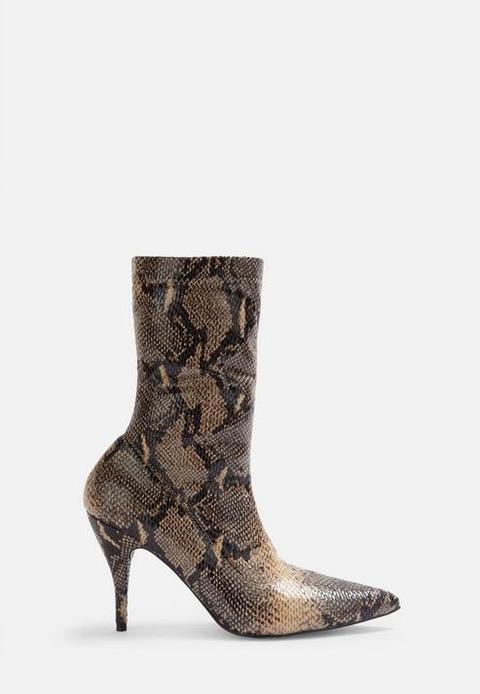 Nude Faux Leather Snake Print Mid Heel Boots, Nude