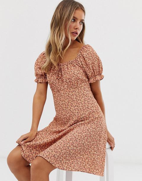 New Look Square Neck Puff Sleeve Tea Dress In Ditsy Floral-brown