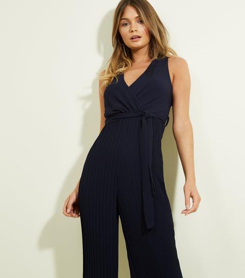 Mela Navy Pleated Tie Waist Jumpsuit New Look