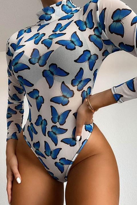 Blue Butterfly Mesh Long Sleeve Bodysuit