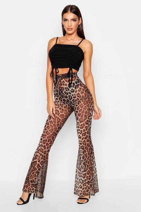 Womens Mesh Leopard Flared Trousers - Multi - 12, Multi