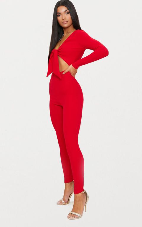 red tie front jumpsuit