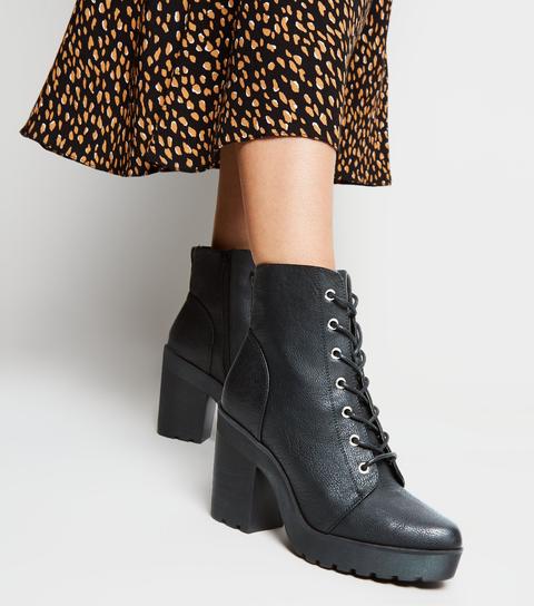 Black Leather-look Heeled Lace Up Boots New Look