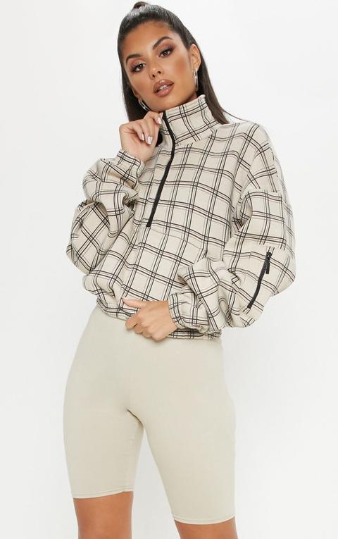 Brown Check Oversized Zip Front Sweater