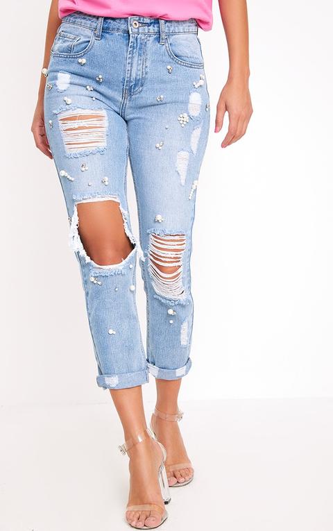 Mid Wash Embellished Mom Jean