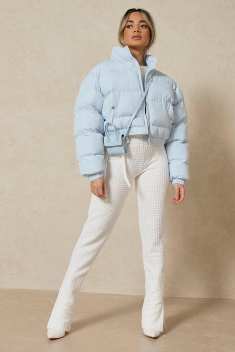 Womens Funnel Neck Cropped Puffer Jacket Blue