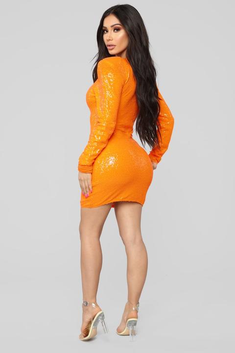 neon orange sequin dress