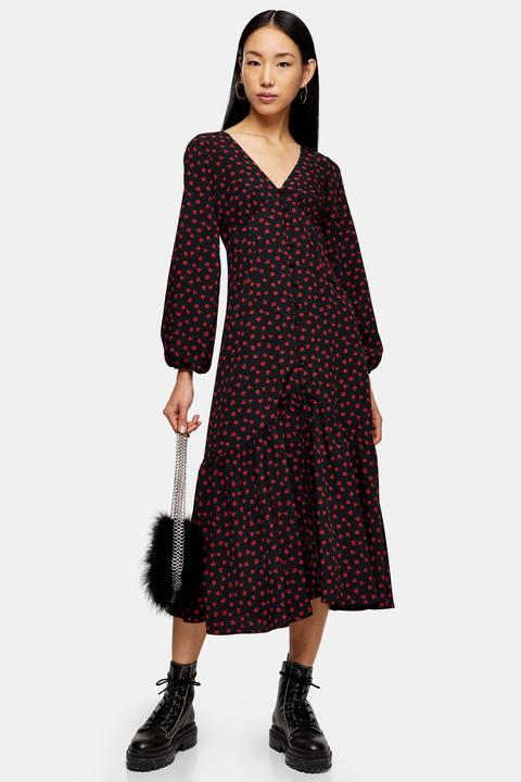 Womens Floral Rose Print Button V-neck Midi Dress - Black, Black