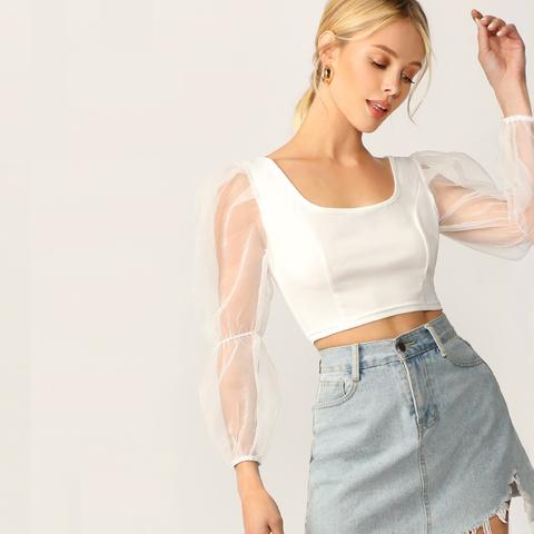 Sheer Mesh Sleeve Scoop Neck Crop Top